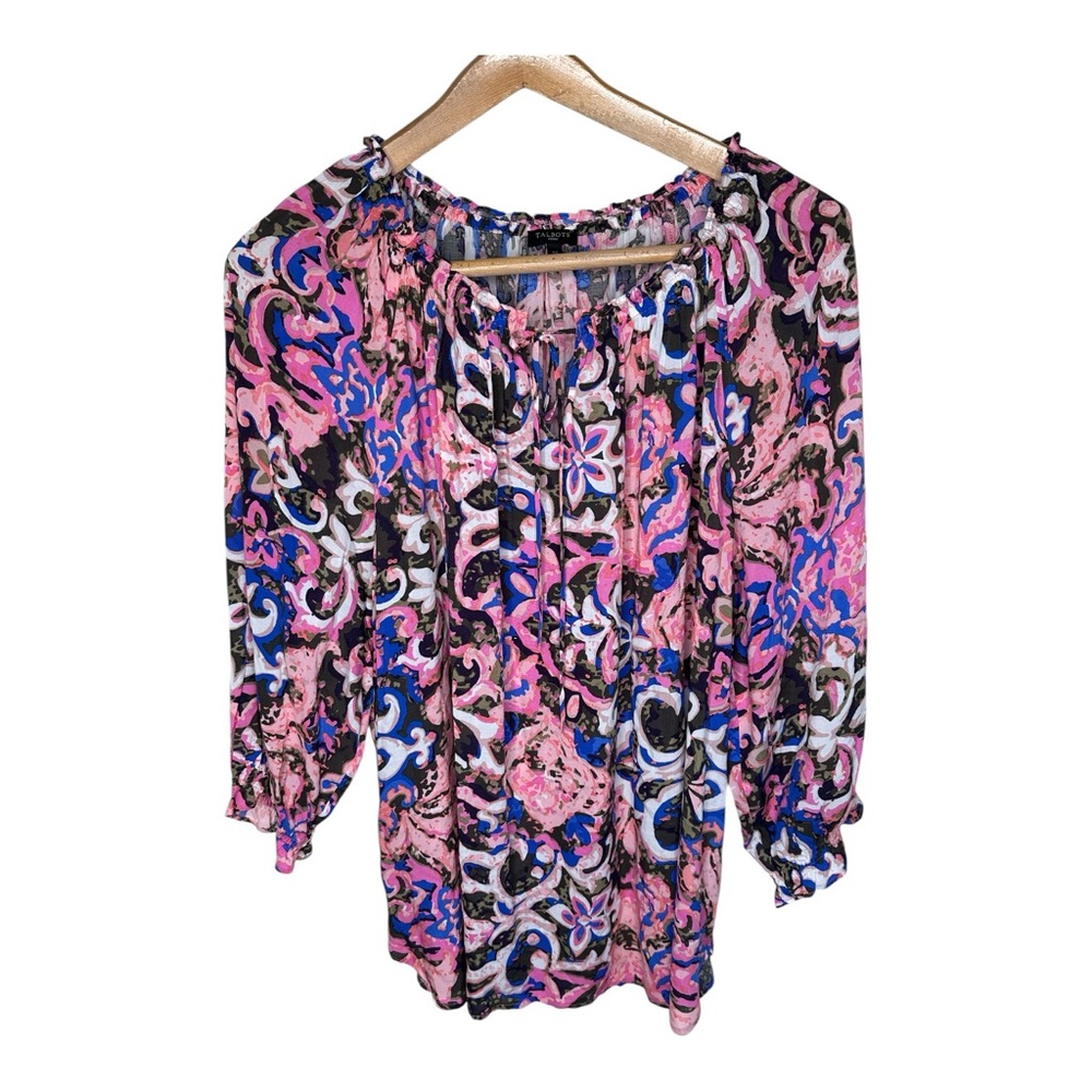 Talbots Tie Neck Peasant Blouse Coral Reef Floral Size 2X 3/4 Sleeve Rayon